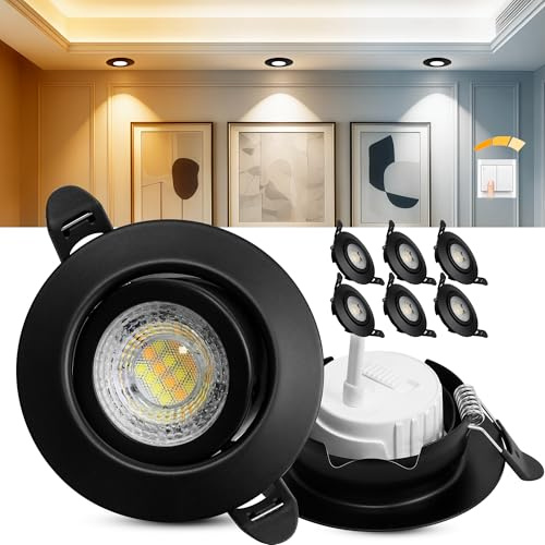 Laiebri LED Einbaustrahler 230V Dimmbar, 6W IP44 LED Spots, 68mm Deckenspots 45° Schwenkbar 3000K/4000K/6000k für Badezimmer Küche Wohnzimmer Einbauspots Flach Einbauleuchten, Schwarz, 6er Set