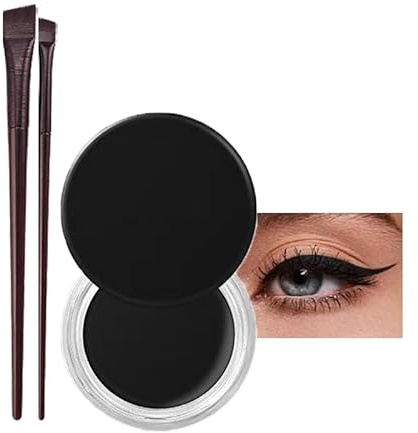 Waterproof Gel Eyeliner Pot Set with 2PCS Brushes, Black Liner Eyeliner Gel Long Lasting Smudge-Proof High-Intensity Pigments for Eyes and Brows, Quick-Dry Matte Cream Formula for All Eye Shapes