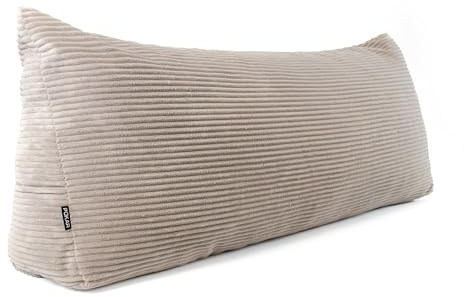 POKAR Rückenkissen | Cord Keilkissen 180x50x20 cm | Lesekissen für Bett und Sofa | Sofakissen für Rückenlehne | Groß Wandkissen Couchkissen mit Seitentaschen | Oeko Tex 100 Zertifiziert | Beige