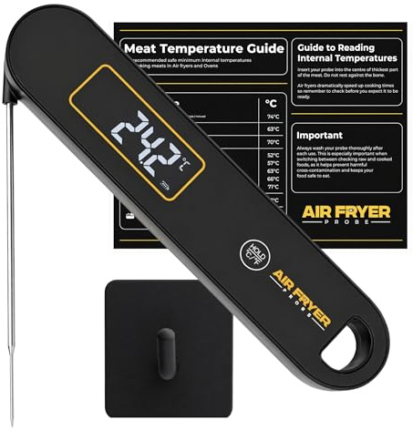 Premium Instant Read Digital Meat Thermometer - Designed for Use with Air Fryers. Includes Universal Hanging Hook to Attach to Your Air Fryer + Guide to Cooked Meat Temperatures
