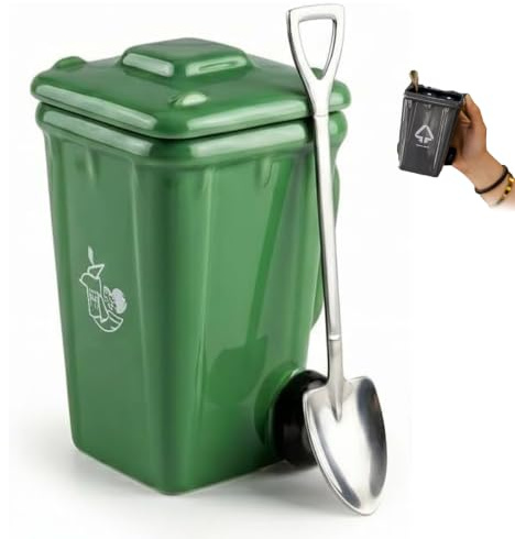 Tyscryphal Ceramic Trash Can Coffee Mug with Lid and Shovel Spoon, 3D Mini Wheelie Bin Shaped Tea Cup, Funny Desktop Pen Holder, Quirky Birthday Gag Gift for Men, Coworkers, Friends (A.)