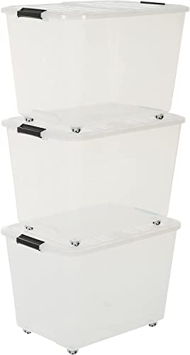 Iris Ohyama, Scatola portaoggetti in plastica, Scatola portaoggetti per ufficio 60L, Lotto di 3, TBRH-60, Trasparente, Impilabile, Clip di chiusura - L39 x P57,5 x A38 cm