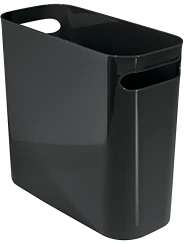 mDesign Cubo de basura rectangular de plástico delgado con asas para baño, cocina, oficina en casa, dormitorio, habitación de los niños, 25,4 cm de alto, resistente a los golpes, negro