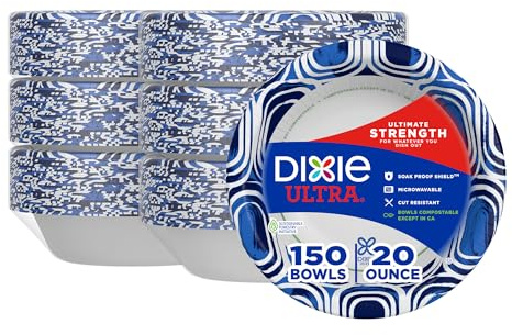 Dixie Ultra, Large Paper Bowls, 20 Oz, 150 Count (6 packs of 25 bowls), Microwave Safe, Compostable, Disposable Bowls Great For Breakfast, Lunch, And Dinner Meals