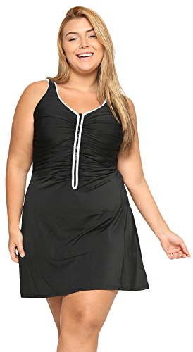 DELIMIRA Femme Maillot de Bain Rembourré 1 Pièce Jupette Fermeture Glissière Noir 54