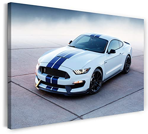 Printed Paintings Leinwand (120x80cm): Autobilder Ford Mustang weiß mit blauen Streifen