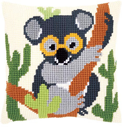 Vervaco Kreuzstich Stickpackungen Kissen Stickerei Set Anfänger Vorgedruckt Koalabär DIY Set Kreativ Set Für Erwachsene Dekoratives Kissen ca. 40 x 40 cm Bastelset Handwerker Haus Dekoration