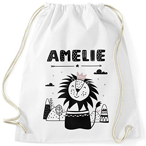 SpecialMe® Kinder Turnbeutel personalisiert mit Name Löwe Tier-Motiv Namensaufdruck Mädchen weiß Unisize
