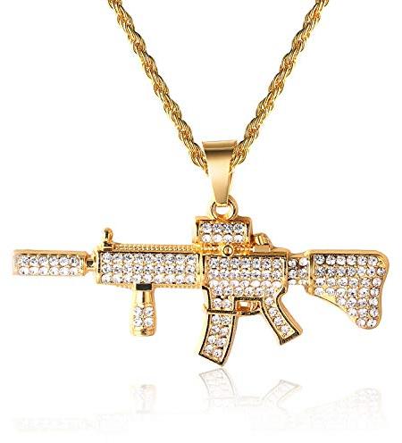 Halukakah Goldkette Herren Iced Out,18 Karat Echt Vergoldet Waffe Anhänger Halskette,Volle Cz Labordiamants Zinken-Set,mit Seilkette 60cm,KOSTENLOSE Geschenkbox