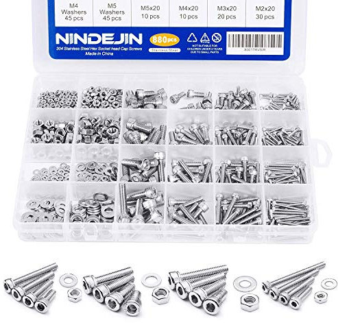 NINDEJIN 880Pcs Screw Bolts and Nuts Set, Metric M2 M3 M4 M5 Hex Socket Cap Head Screw, Washer and Hex Wrenches, 304 Stainless Steel Machine Screws Assorted Kit for Industrial Electronic Household DIY