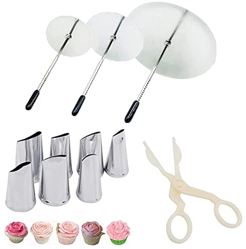 Elionless Stainless Steel 7pcs Cake Decorating Tool Kit with 3pcs Flower Nails, 1 Flower Lifter and 7 Icing Piping Nozzles for Cake, Cookies, Dessert Making