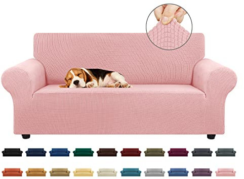 KEKUOU Housse de causeuse extensible pour canapé à 2 coussins, avec base élastique pour enfants, chiens, 140 à 201 cm Tissu jacquard à carreaux, taille M, rose poudré