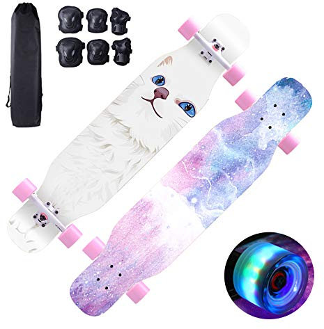 Skateboard Longboard 43 x 10 Komplettes Skateboard mit LED-Leuchträdern, 8 Lagen Maple Wood Deck Skateboard mit Schutzausrüstung für Kinder, Jugendliche und Erwachsene (Cat)