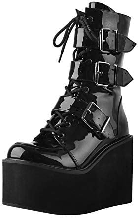 MissHeel Gothic Women's Plattform Ankle Boots Wedges Booties mit Buckles Zipper Footbed Shoes Black EU 38