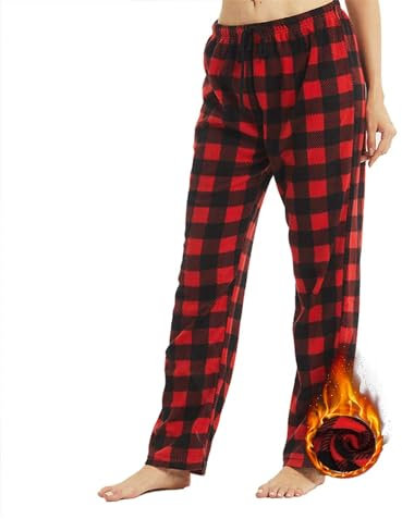 YUSHOW Lot de 1 Pantalon de Pyjama Femme en Polaire Hiver à Carreaux Bas de Pyjama Chaud Doux et Confortable,Rouge,S