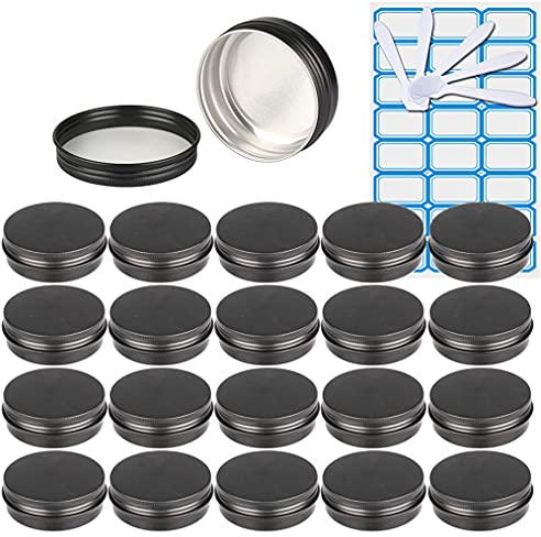 ZEOABSY 50 Pièces 60ml Pots en Aluminium Vide Rond Noir Mat Petit Cosmétiques Pot Conteneurs for Fait Main Bougies Crème Baume Voyage, 5X Spatule, 2X Étiquettes