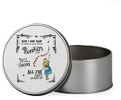 Alice in Wonderland Have I Gone Mad Birthday Gift Secret Santa Bonkers Hearts Portable Metal Tin Storage Box Biscuit Chocolate Tin Emergency Stuff Tin Birthday Present. (Round)