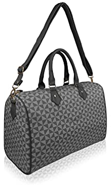 Quenchy London Reisetasche für Wochenende und Übernachtungen – mittlere Größe Urlaub Duffle Bag – Ideales Damen-Trainingsset – Handgepäck Kabinengepäck QL216M, Black Grey Geo, M, Reisetasche