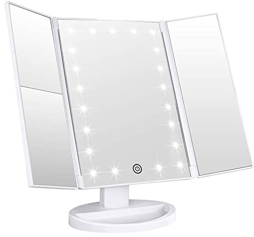 22 LED-Make-up-Spiegel mit Lichtern – Kosmetikspiegel mit Touchscreen beleuchtet für Make-up – dreifach gefaltet, 1 x 2 x 3 x Vergrößerung, tragbarer beleuchteter Spiegel