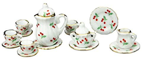 Tasse De Thé Miniature De Poupée Tasse En Porcelaine Assiette À Vaisselle Florale Impression De Cerise Florale 1:12 Accessoires Dining Ware 15pcs, Ensemble De Thé Miniature Dollhouse, Tasse De Thé En