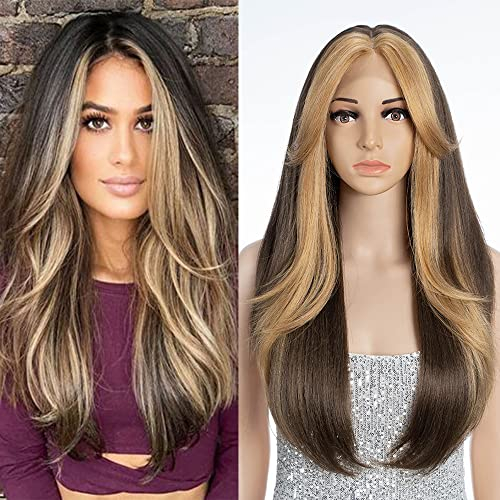 FASHION IDOL Perücke für Frauen Synthetische Spitze Front Tür Vorhang Pony in der Split Lace Hair Stitching Layered Farbe Perücke (71CM, HL10A/26F)