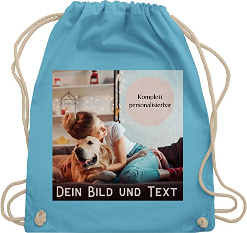 Turnbeutel Rucksack - eigenem - Foto Bild Geschenk I Dein Bild und Text - Unisize - Hellblau - personalisierte wechselkleidung beutel kita tasche selbst drucken photo stoffrucksack