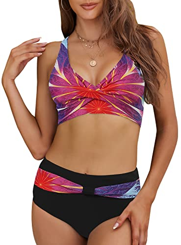Adigaber Women's Two Piece Swimsuits Criss Cross Top Bikini High Waisted Bottom Tummy Control Bathing Suits Vintage Print Swimwear Fuchsia