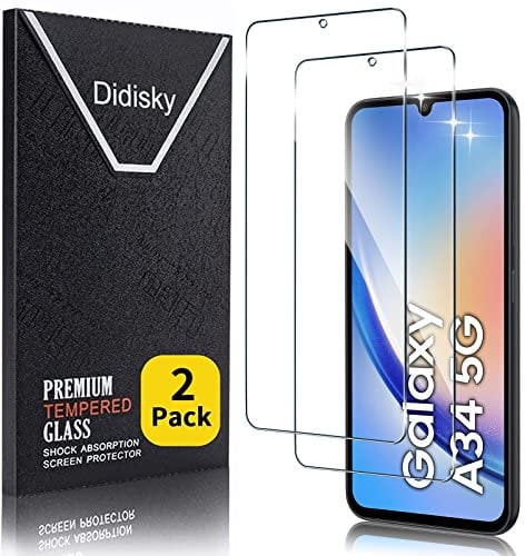 Didisky Lot de 2 Protecteur Verre Trempé pour Samsung Galaxy A34 5G 6.6'', Film Protection écran, résistance aux Rayures, dureté 9H, Pas de Bulles, Haute définition