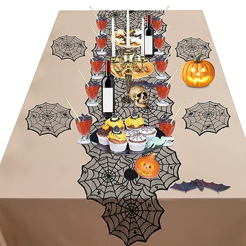 Amaxiu Halloween Tischläufer mit 4 Tischsets, 183 x 45cm, Halloween Tischläufer aus schwarzer Spitze Spinnennetz Tischdekoration rundes Spinnennetz Tischset Halloween Tischdekoration
