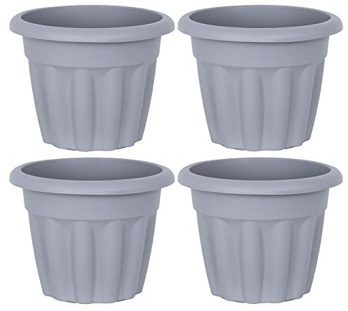 Pack of 4-25cm Round Upcycle Grey - 4.5L Plastic Planter with Drainage Hole, Garden Flower & Plant Pot, Extra Small Floor Indoor/Outdoor, Made in UK