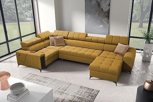 All4All Ecksofa mit Schlaffunktion Gonti IV Mini 337x201 cm - Schlafsofa mit Bettkasten - Sofa in U-Form - Wohnlandschaft XXL Sofa - Eckcouch Groß - Seite Rechts - Gelb - Gewebe - Modern 26
