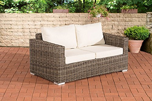 CLP Polyrattan 2er Sofa Madeira/Bilbao Mit 2 Sitzplätzen I Gartensofa Mit Aluminium-Gestell I Loungesofa Mit Polsterkissen I 5mm Rattandicke, Farbe:grau-meliert, Polsterfarbe:Cremeweiß