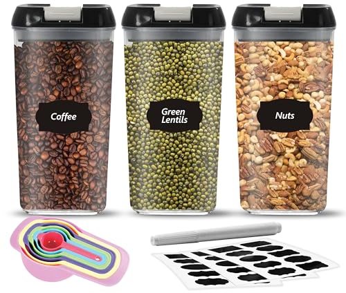 Top 3 Airtight Food Storage Containers – Pack Of 3 x 1.2L Plastic Storage Jars With 1 Marker, 10 Pantry Labels and 6 Measuring Spoons – For Flour, Cereals, Grains, Sugar, Nuts (Pack of 3 x1.2L)
