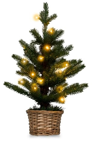 COSTWAY Árbol de Navidad Artificial con 20 Luces LED Blancas Cálidas, 48cm Mini Árbol de Navidad de Mesa con 96 Ramas, Maceta de Madera, Temporizador, Navidad Decoración