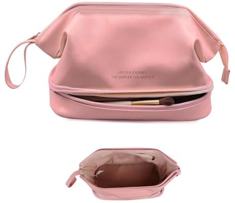 Trousse Toilette Imperméable Portable PU, Trousse Toilette avec Compartiment Poignée, Trousse Cosmétique Double Couche, Trousse Maquillage Voyage Double Couche (Rose-Double)