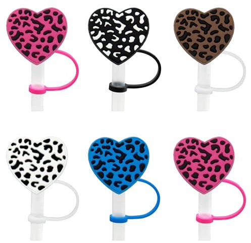 Linmaya 5 fundas de paja con estampado de leopardo, de silicona de 8 mm, compatibles con vasos Stanley, fundas reutilizables a prueba de polvo para puntas de 6 a 8 mm, vasos para beber