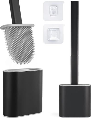 Klobürste Silikon - Toilettenbürste mit Halter - WC Bürste Wandmontage ohne Bohren - Toilettenbürstenhalter Stehend - Klobürstenhalter Kleben - WC Bürstengarnitur Wand (Schwarz)