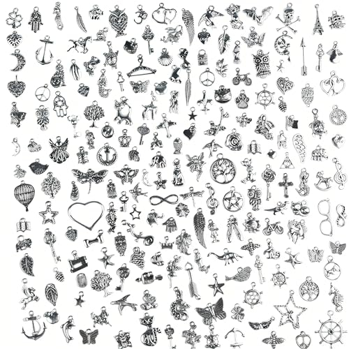 200 Stück Mini Silber Schmuck Anhänger Klein Metall Charm Vintage Basteln Set Geburtstag Geschenk Deko Personalisierte Schmuckherstellung Zubehör für DIY Armband, Halskette und Ohrring