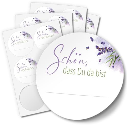 48 Aufkleber SCHÖN, DASS DU DA BIST für Hochzeit Geburtstag Danke Taufe Etiketten rund 4cm, Lavendel