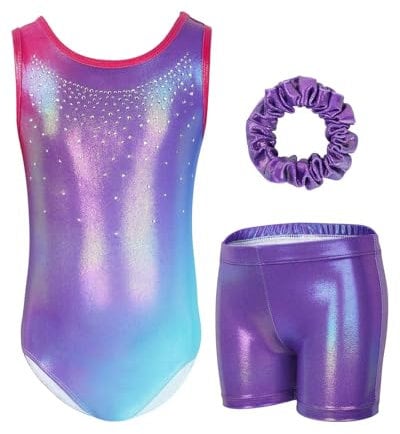Gogokids Mädchen Drei Teiliges Gymnastikset, Ärmelloser Gymnastikanzug mit Shorts und Haarband, Ballett Tanzender Leotard Gymnastik Outfit mit Funkelnde für Mädchen, Ärmellose Trikots für 9-10 Jahre
