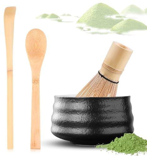 TOATELU Set Matcha 4 pezzi – Frullino Matcha in bambù (100 setole), 2 cucchiai Matcha, porta frullino & ciotola in ceramica nera, accessori per la cerimonia del tè
