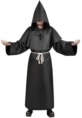 Aomig Disfraz de Monje Halloween, Disfraz de Sacerdote Medieval con Cruz y Capucha, Disfraz de Monje Sacerdote Medieval Renacimiento Traje, Disfraz Halloween Adulto para Fiestas Carnaval, Negro-XL
