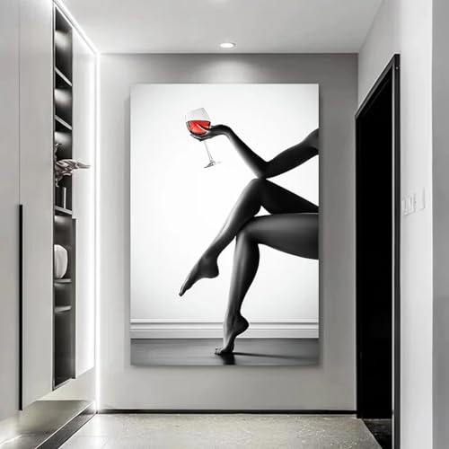 BMGKYAGL Schwarz-weiße sexy Frauen-Rotweingläser-Poster, Drucke, moderne Leinwandmalerei, Wandkunst, Bilder für Wohnzimmer, Heimdekoration, 50 x 70 cm, rahmenlos
