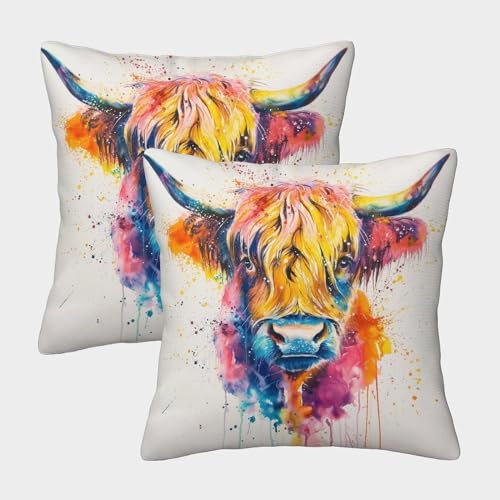 SANDUOHUA Schottische Hochlandrinder 3D Gedruckt Quadratischer Kissenhülle Im 2 Stück Tierdiagramm(Kuh) Deko Kissen Bezug,mit Reißverschluss,für Couch Sofa Bett Auto 40x40cm