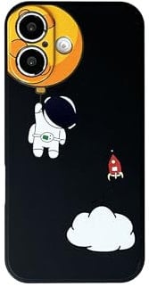 Yonds Queen for iPhone 16 Cute Case, Cartoon Astronaut Space Moon Planet Design Stylish Bumper Cover TPU Rubber Protective Shockproof Fashion Case(Black Moon, iPhone 16)