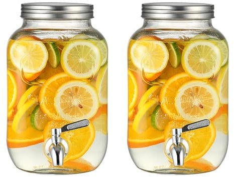 Hisredsun 2 x 4L Glas Getränkespender, Getränkespender mit Rostfreiem Wasserhahn, Glas-Wasser-Saft-Spender mit Metallständer, Wasserkrug mit Wasserhahn Perfekt für Partys,Hochzeiten,Geburtstage