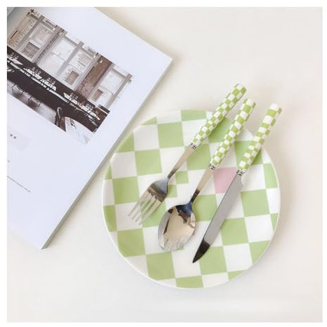 (12 Pieces) Chequerboard Ceramic Handle Kitchen Stainless Steel Silverware Tableware Flatware Cutlery Set Steak Knife Fork Spoon Teaspoon (Green)
