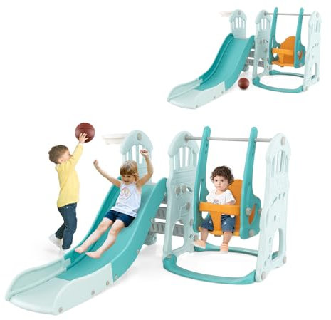 HOMASIS Juego de tobogán Infantil, Columpio con tobogán con Altura Ajustable en 3 Posiciones, Tobogán Interior con Canasta de Baloncesto y Escalera, para niños de 18+ Meses (Verde)
