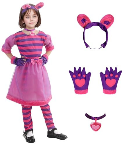 Suffolly Costume da gatto a righe rosa e viola, per bambine, costume da Stregatto con vestito, pantaloni, collana a cuore, orecchie di gatto, guanti, costume per la Giornata mondiale del libro (gatto,