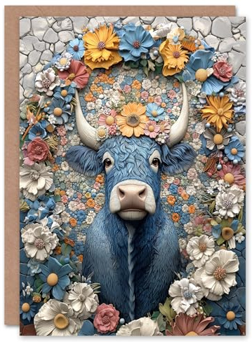 Artery8 Greeting Card Blue Highland Cow Boho Floral Relief Portrait For Her Woman Birthday Card